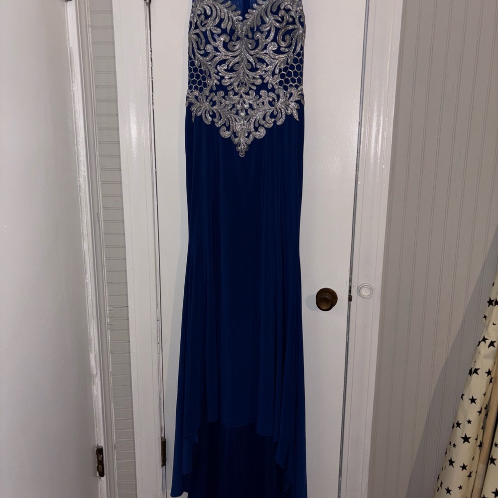 Elegant Blue Gown with Silver Embellishments